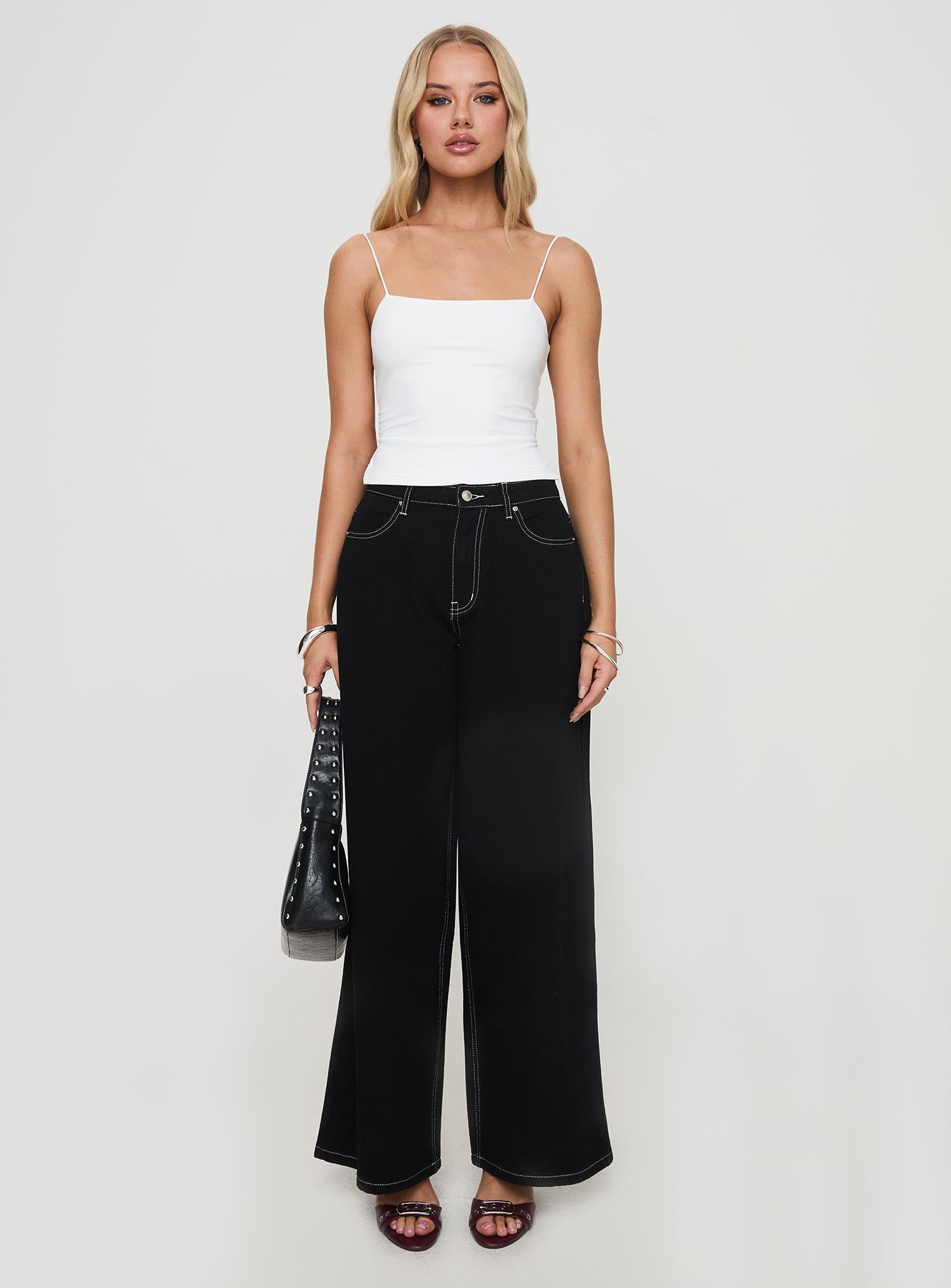 front view of model wearing Princess Polly Elissa Top White Sleeveless Square Neck 