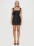 front view of model wearing Princess Polly Radioactive Bias Cut Mini Black Dress Square Neck 