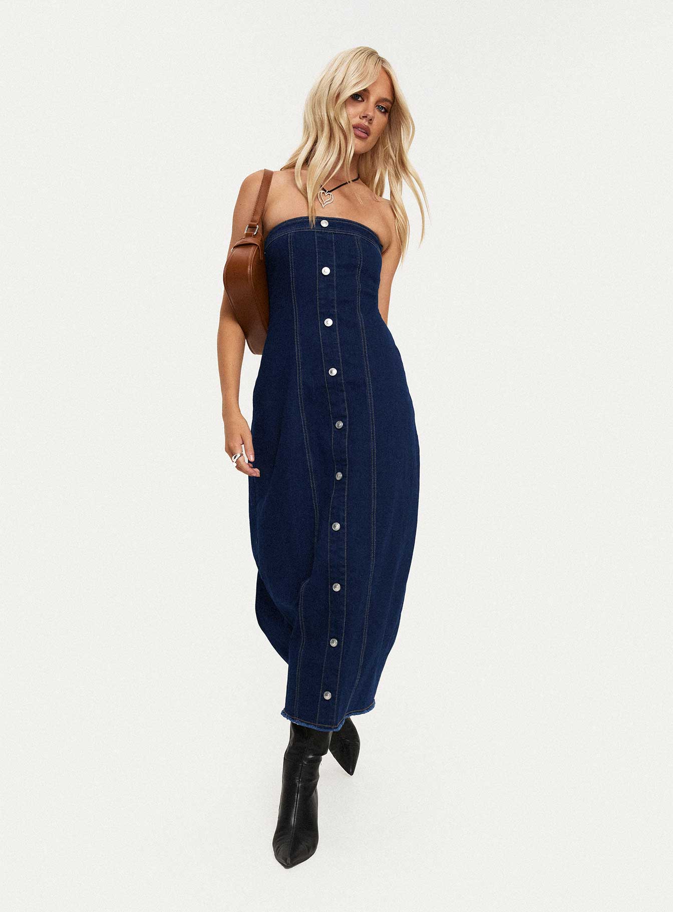side view of model wearing Princess Polly Stoltz Denim Midi Dress Blue Straight Neck 