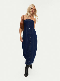 side view of model wearing Princess Polly Stoltz Denim Midi Dress Blue Straight Neck 