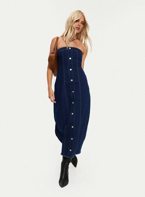 side view of model wearing Princess Polly Stoltz Denim Midi Dress Blue Straight Neck 