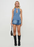 front view of model wearing Princess Polly Kingsbridge Top Blue Stripe Sleeveless Crew Neck 