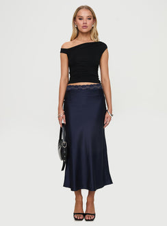   front view of model wearing Princess Polly The Charmaine Maxi Skirt Navy Midi Skirts 