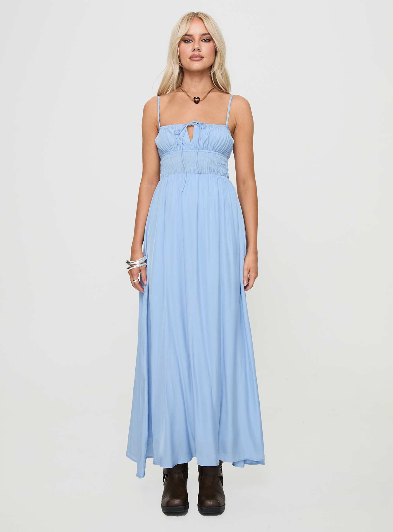 front view of model wearing Princess Polly Jersie Maxi Dress Blue Square Neck 