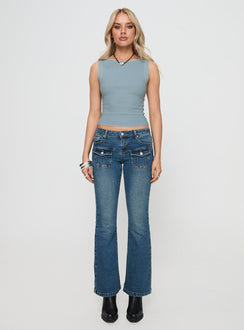 back view of model wearing Princess Polly Casado Top Blue Sleeveless Crew Neck 