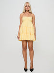 front view of model wearing Princess Polly Knotti Mini Dress Yellow Sweetheart Neckline 