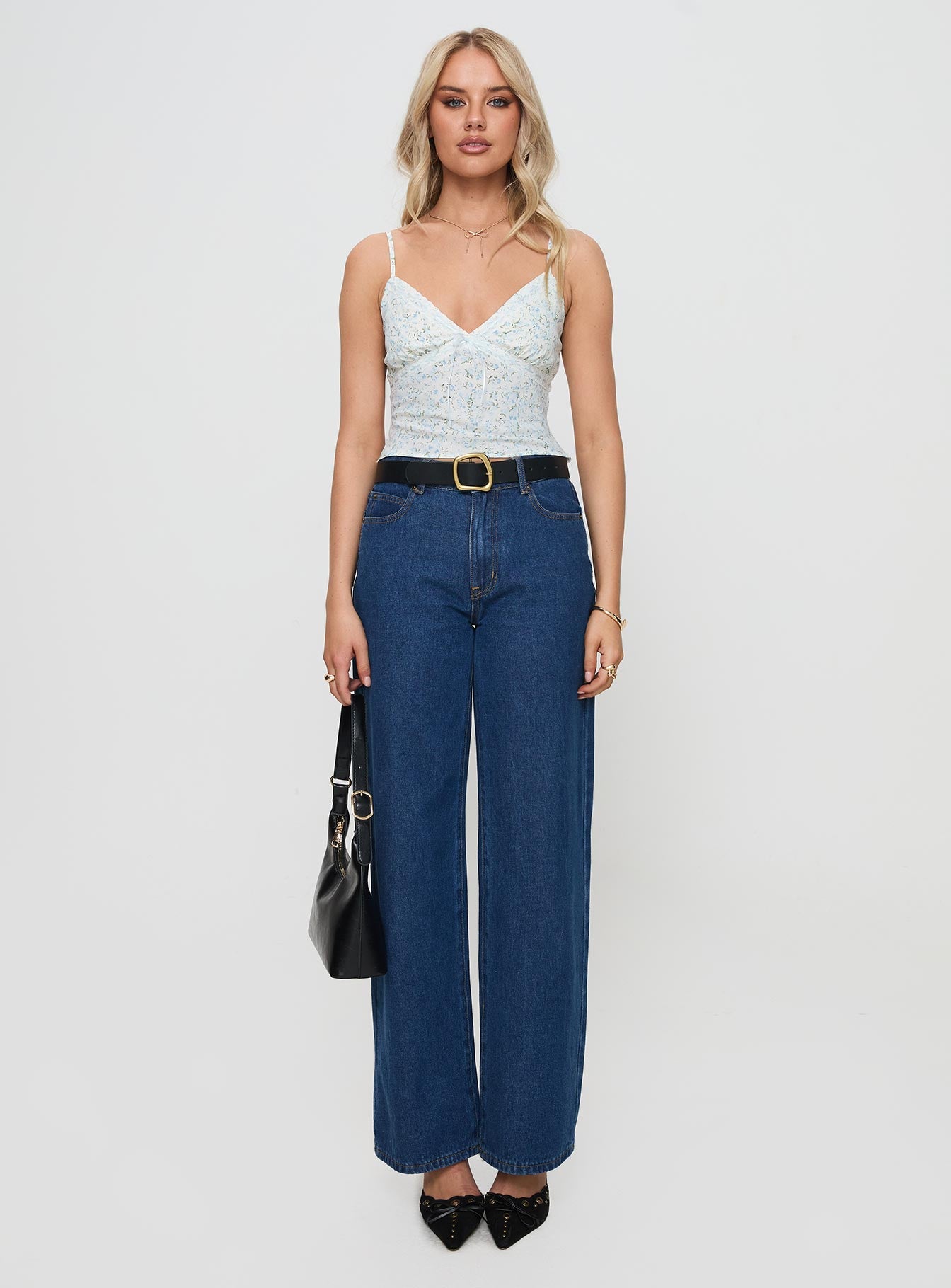 front view of model wearing Princess Polly Fondar Top Multi Floral Sleeveless Plunger 