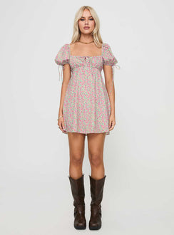 front view of model wearing Princess Polly Larsson Mini Dress Pink Floral Square Neck 