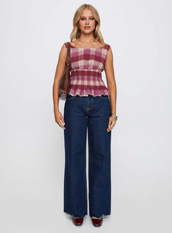 front view of model wearing Princess Polly Sweet Honey Frill Top Pink Check Sleeveless Boat Neck 