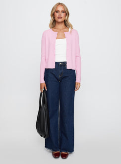 front view of model wearing Princess Polly Old Burlington Knit Cardigan Pink Cropped 