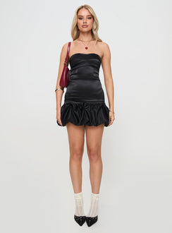 front view of model wearing Princess Polly Fideo Strapless Bubble Hem Mini Dress Black Straight Neck 