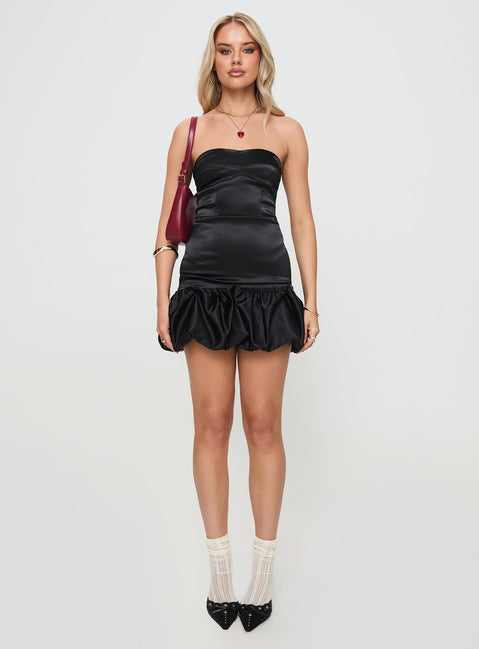 front view of model wearing Princess Polly Fideo Strapless Bubble Hem Mini Dress Black Straight Neck 