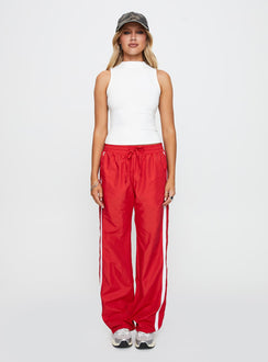 back view of model wearing Princess Polly Keli Track Pants Red / White High Waisted Pants 