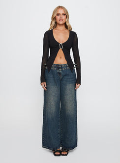 front view of model wearing Princess Polly Moderna Long Sleeve Lace Top Black Full Sleeves Scoop Neck 