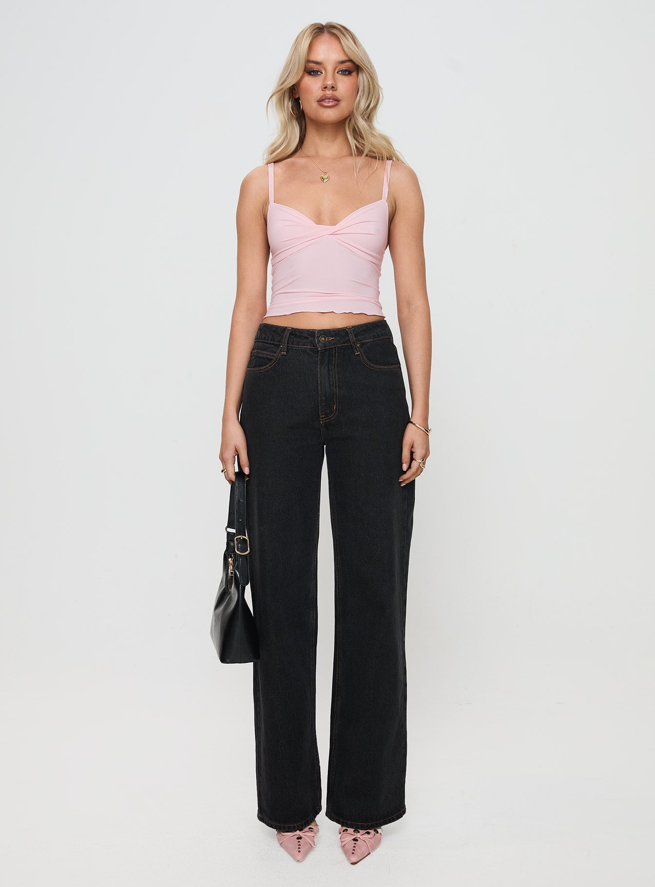 front view of model wearing Princess Polly Greyer Top Pink Sleeveless Plunger 