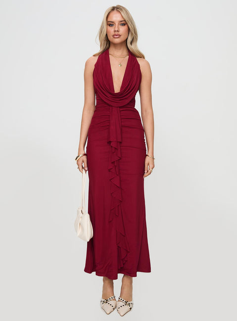 side view of model wearing Princess Polly Corzetti Maxi Dress Burgundy Plunger 