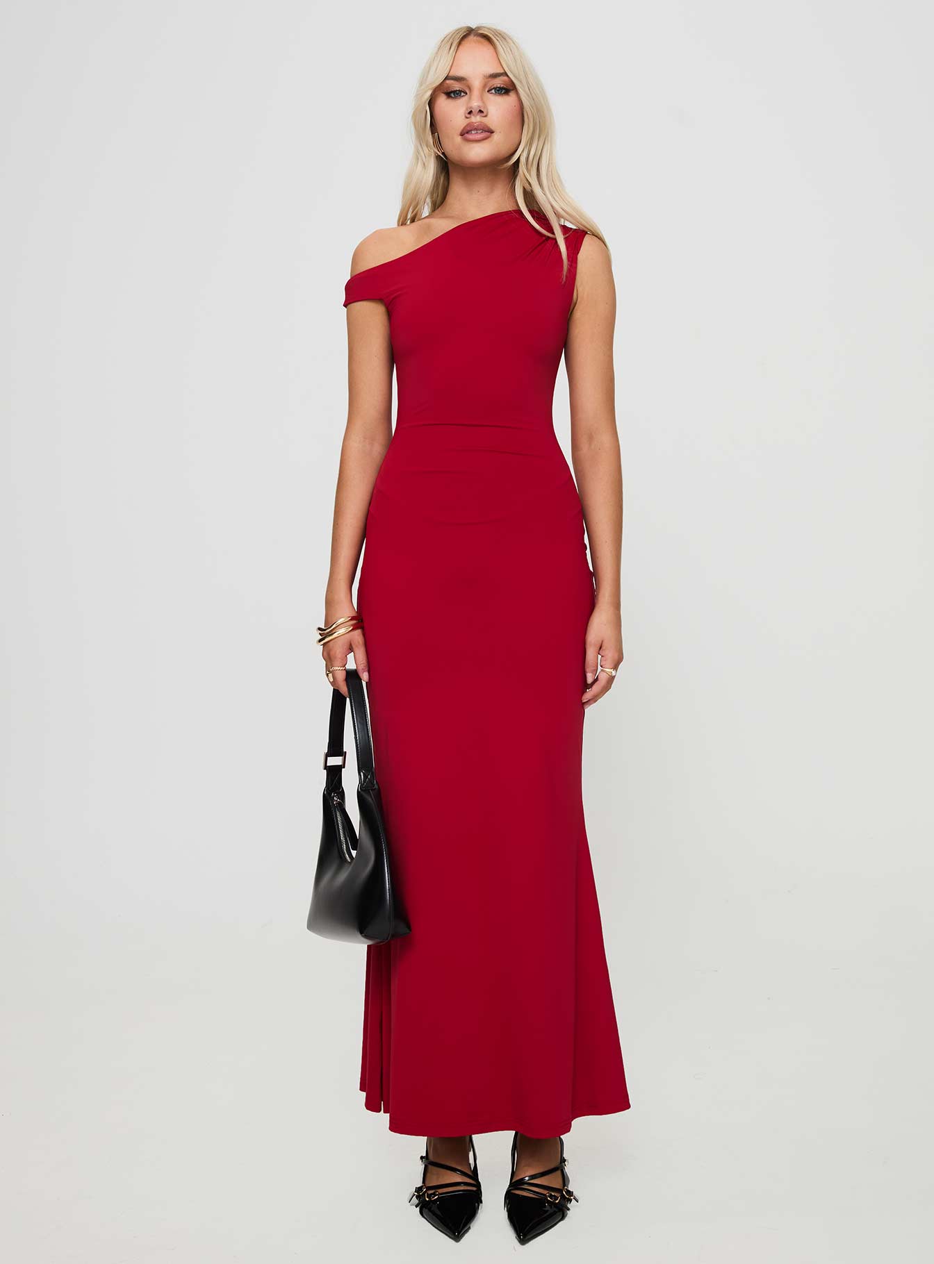 front view of model wearing Princess Polly Beller Maxi Dress Red Asymmetric Neckline 