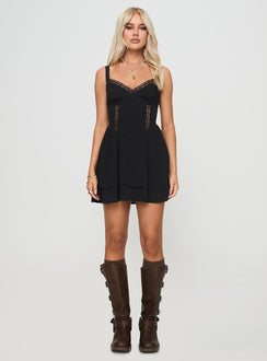 front view of model wearing Princess Polly Puntine Mini Dress Black V-Neck 