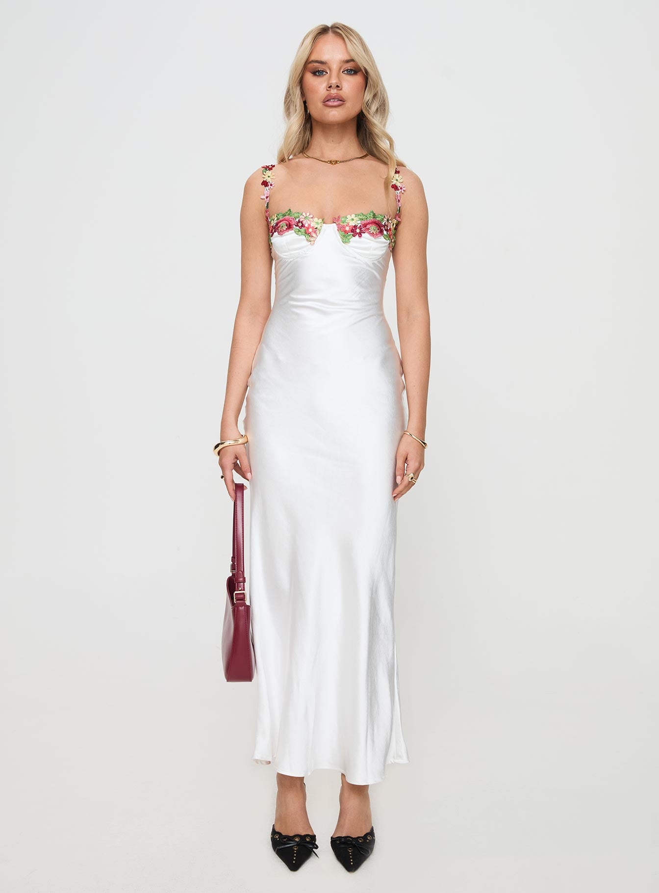 front view of model wearing Princess Polly Kenzie Maxi Dress White Sweetheart Neckline 