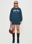 front view of model wearing Princess Polly New York Minute Mini Sweatshirt Dress Navy Crew Neck 