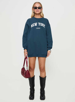 front view of model wearing Princess Polly New York Minute Mini Sweatshirt Dress Navy Crew Neck 