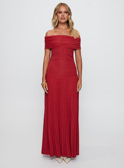 front view of model wearing Princess Polly Field Of Dreams Maxi Dress Crimson Straight Neck 