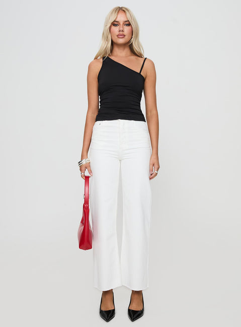 front view of model wearing Princess Polly Jaeger Top Black Sleeveless Asymmetric Neckline 