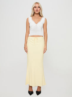   front view of model wearing Princess Polly Mercer Linen Blend Maxi Skirt Lemon Maxi 