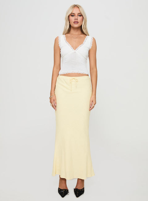   front view of model wearing Princess Polly Mercer Linen Blend Maxi Skirt Lemon Maxi 