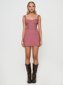 side view of model wearing Princess Polly Faubert Mini Dress Red Gingham Petite Sweetheart Neckline 