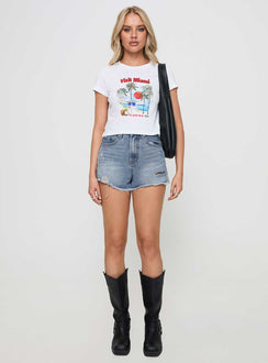 front view of model wearing Princess Polly Gratzi Mid Rise Denim Shorts Blue High Waisted Shorts 