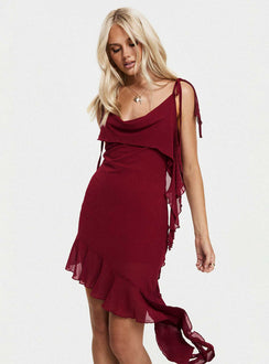 side view of model wearing Princess Polly Dacian Mini Dress Burgundy Cowl Neck 