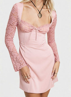 front view of model wearing Princess Polly Markwell Long Sleeve Mini Dress Pink Sweetheart Neckline 