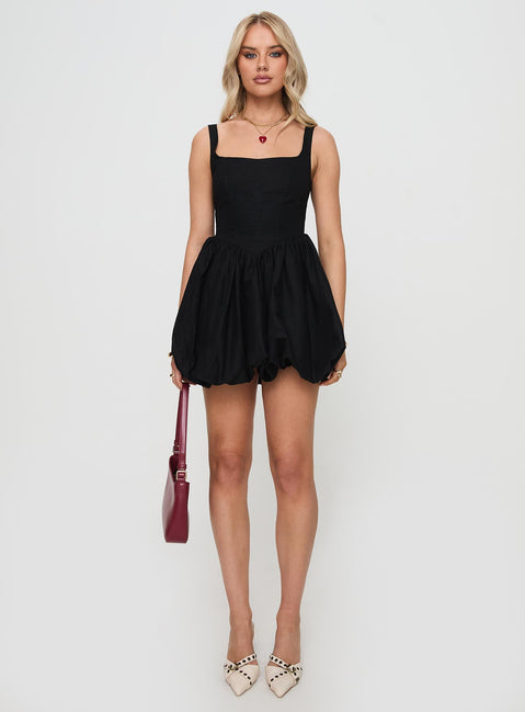 front view of model wearing Princess Polly Alcott Bubble Hem Mini Dress Black Square Neck 