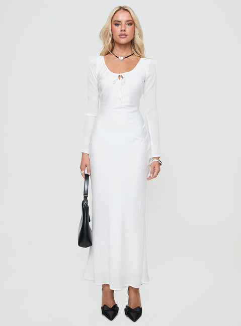 front view of model wearing Princess Polly Sorento Long Sleeve Bias Cut Maxi Dress White Scoop Neck 