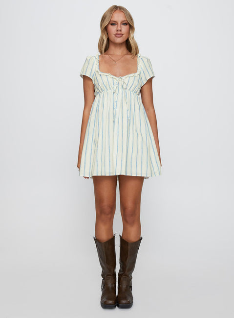 front view of model wearing Princess Polly Monsterrat Mini Dress Blue Stripe Sweetheart Neckline 