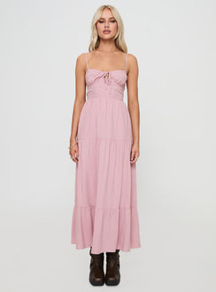 front view of model wearing Princess Polly Juzen Maxi Dress Pink Sweetheart Neckline 
