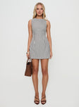 front view of model wearing Princess Polly Alfalfa Shift Mini Dress Grey Stripe Crew Neck 