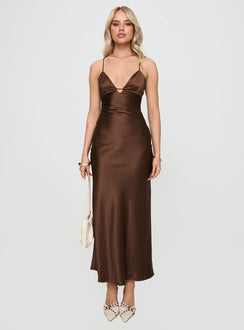 front view of model wearing Princess Polly Kammie Maxi Dress Choc Plunger 