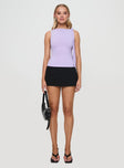 front view of model wearing Princess Polly Garland Top Purple Sleeveless Boat Neck 