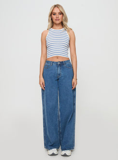 front view of model wearing Princess Polly Dupuis Top White / Blue Sleeveless Crew Neck 