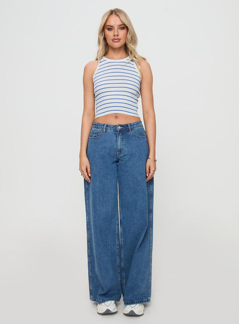 front view of model wearing Princess Polly Dupuis Top White / Blue Sleeveless Crew Neck 