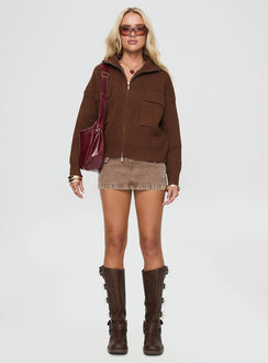front view of model wearing Princess Polly Too Busy Zip Up Sweater Chocolate Cropped 