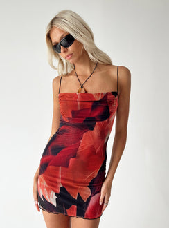 Front view of model wearing  front Princess Polly Square Neck  Sugar Mini Dress Red Multi Tall