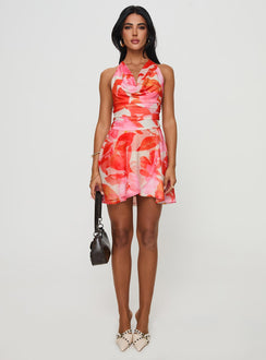 front view of model wearing Princess Polly Lindberg Halter Mini Dress Floral Multi Cowl Neck 