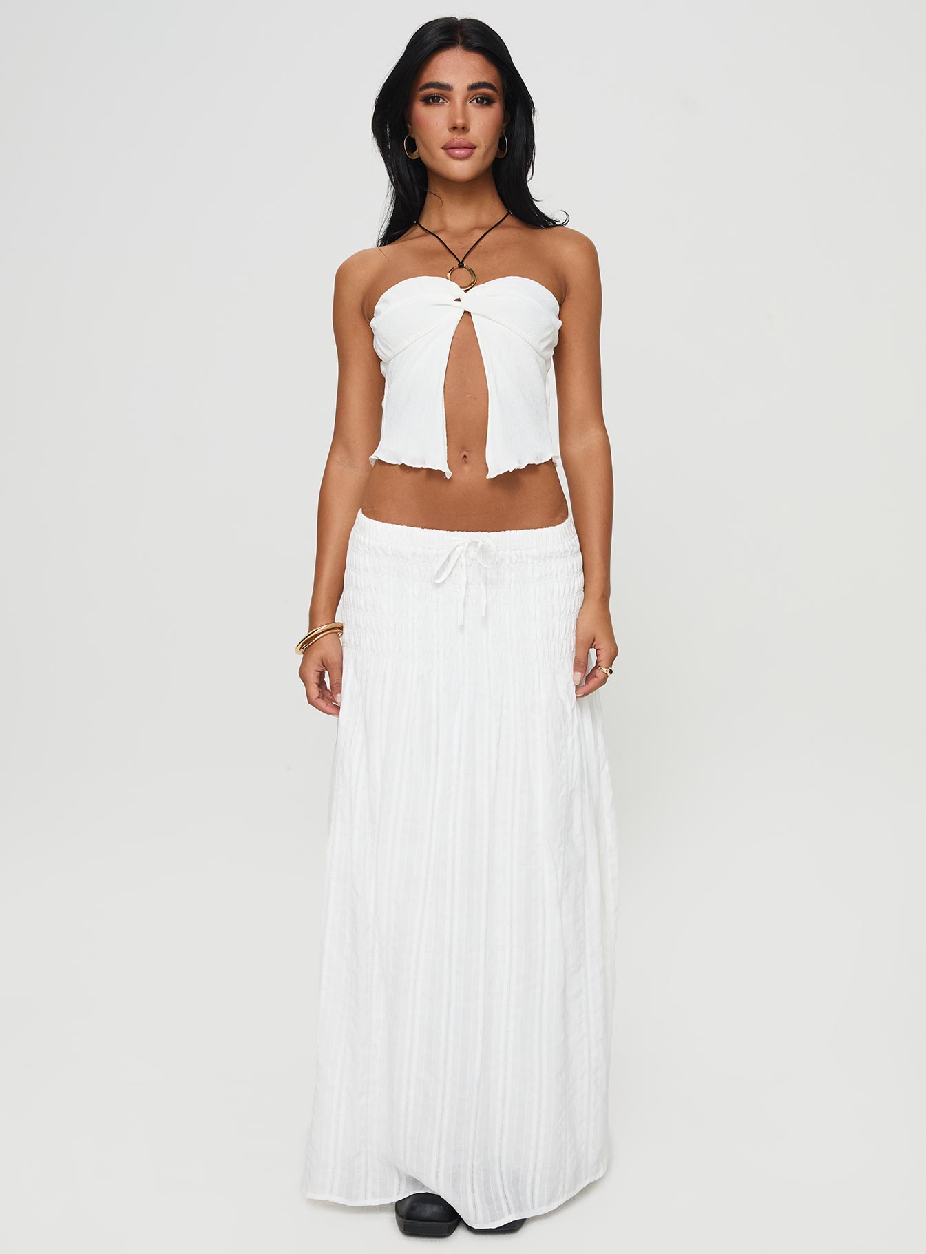   front view of model wearing Princess Polly Carana Maxi Skirt White Maxi 