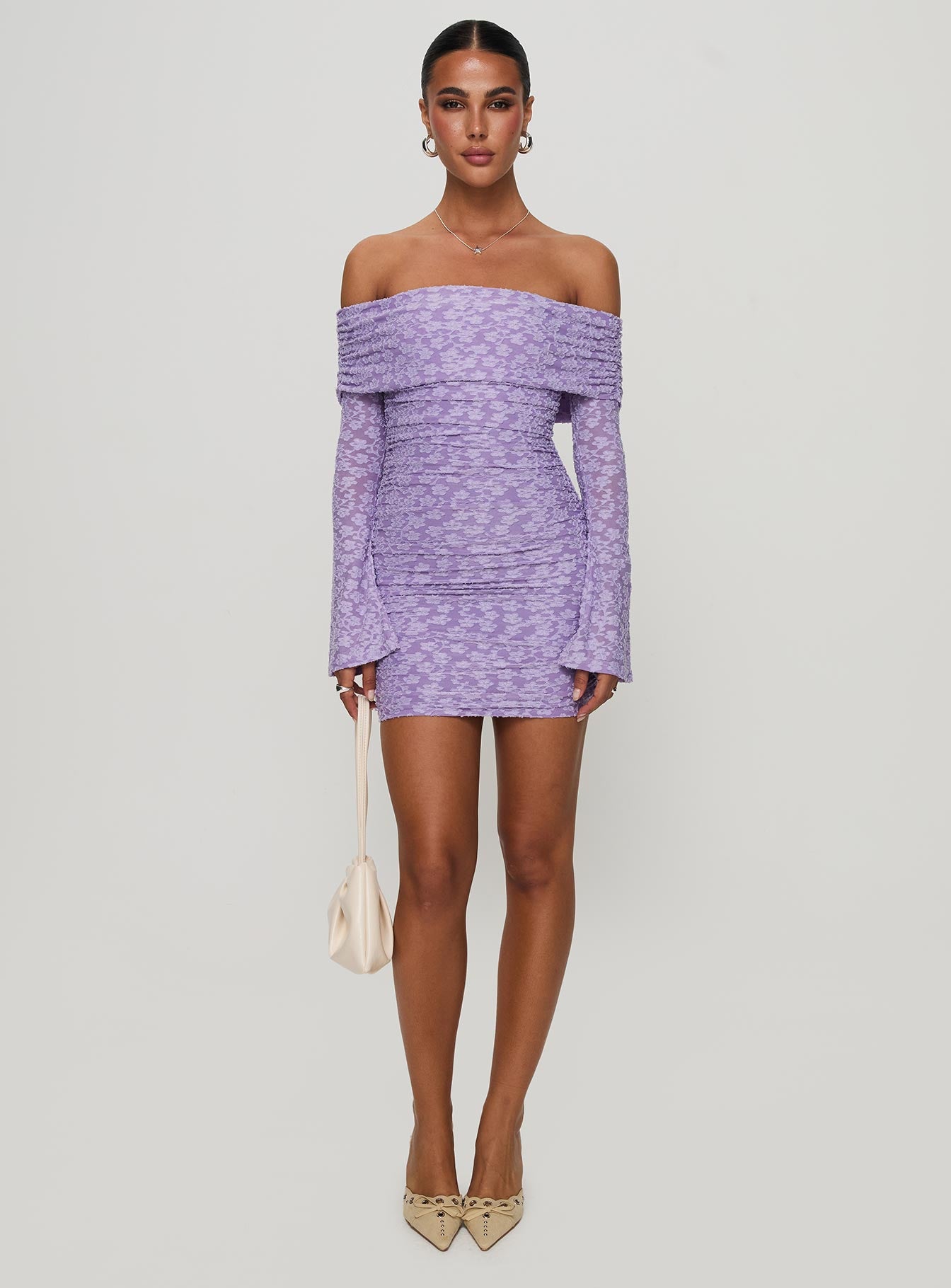 front view of model wearing Princess Polly Intereste Long Sleeve Mini Dress Purple Straight Neck 