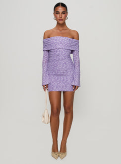 front view of model wearing Princess Polly Intereste Long Sleeve Mini Dress Purple Straight Neck 