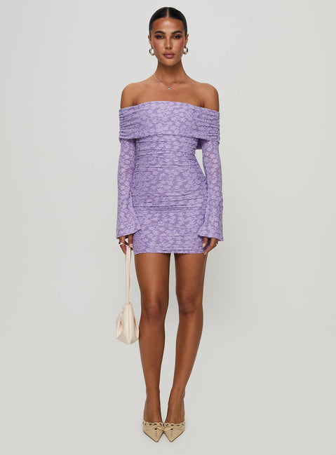 front view of model wearing Princess Polly Intereste Long Sleeve Mini Dress Purple Straight Neck 