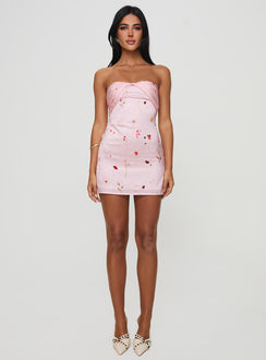 front view of model wearing Princess Polly Irena Strapless Mini Dress Pink Floral Sweetheart Neckline 